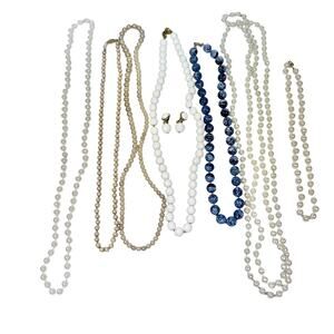 Lot of 7 Faux Pearl Multistrand Necklace Layered Beaded Monet Earring White Blue